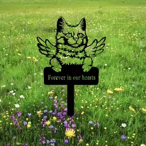 One-piece elegant black metal Angora cat memorial stake. Serves as a pet grave marker, sympathy sign, and exquisite remembrance decor for your beloved pet.Decorative hanging ornaments