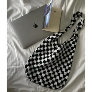 Handmade Crochet Checkered Tote Bag – Black & White | Aesthetic Shoulder Bag | Trendy Checkerboard Bag