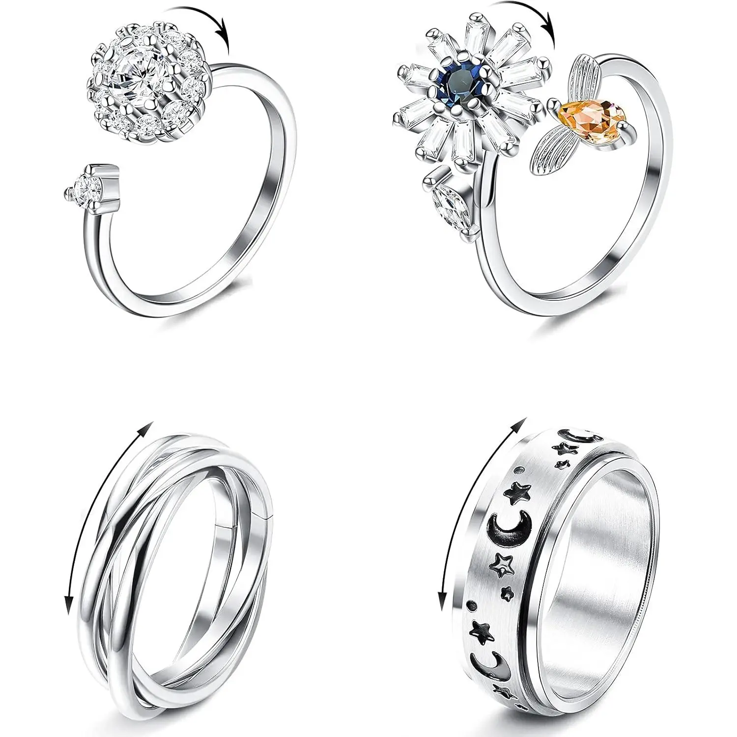 Adjustable 4 Pcs Fidget Spinner Rings for Women Men 316L Stainless Steel Anxiety Rings for Stress Relieving Wedding Promise Rings Set