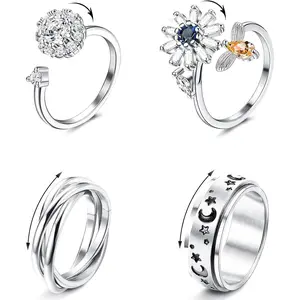Adjustable 4 Pcs Fidget Spinner Rings for Women Men 316L Stainless Steel Anxiety Rings for Stress Relieving Wedding Promise Rings Set