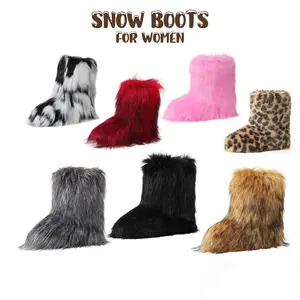 Womens Faux Fur Boots Furry Fluffy Winter Boots Snow Boot Round Toe Suede Comfy Plush Flat Slip on Boot Warm Fur Lined Indoor Outdoor Mid Calf Fashion Booties Gifts Christmas Party Shoes for Women Chilly Day Booty