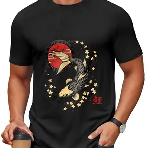 Men's Japanese Urban Graphic T-Shirt Premium Cotton Samurai Oni & Koi Streetwear Tee Classic Fit Short Sleeve Asian Crewneck