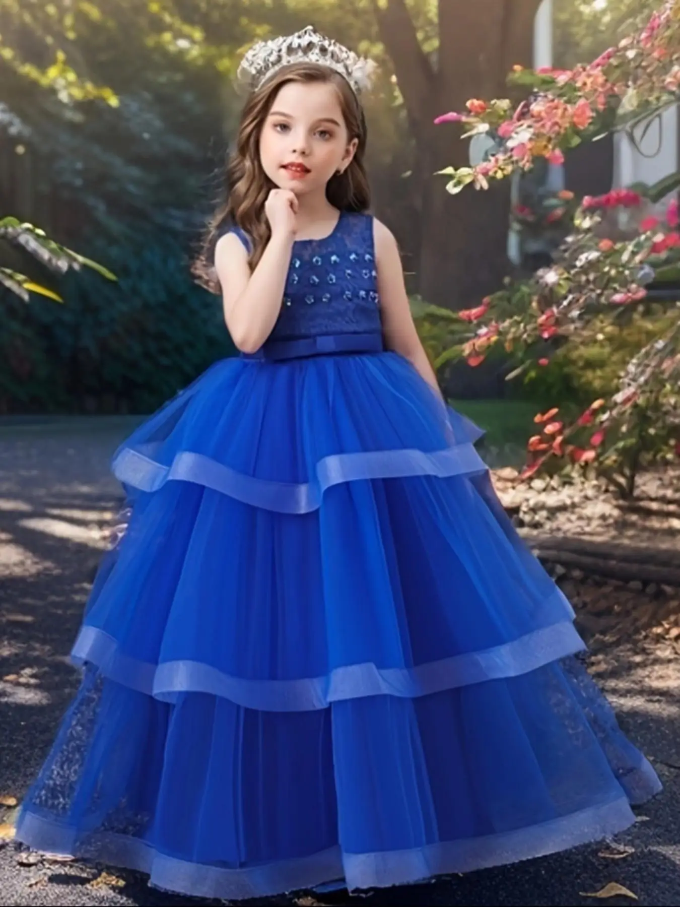 Girl's Glitter Sequin Embroidered Tulle Sweater Dress, Elegant Round Neck Sleeveless A Line Dress for Party Performance Wedding Guest, Kids Clothes fo