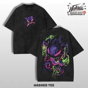 Pocket Monster Gengar - PKM Japanese Anime Y2K Oversized Acid Washed T-Shirt – Double Print Vintage Graphic Tee, Unisex Top Trendy Streetwear Tanktop Shirt Manga Otaku Lover