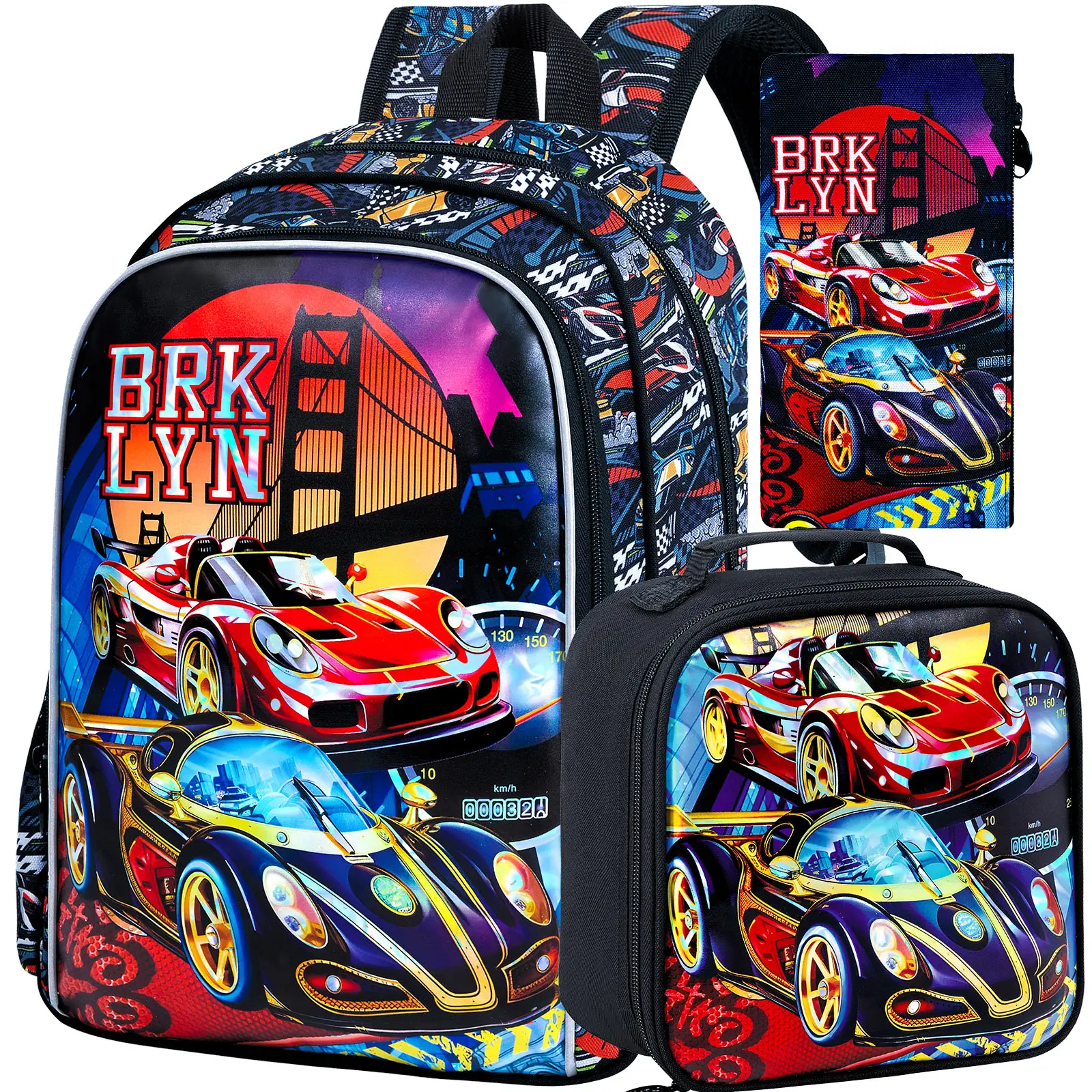 3PCS Boys Racing Car Backpack, Kids Bookbag with Lunch Box, Water Resistant School Bag for Elementary Preschool Toddler