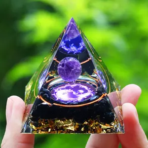 Handmade Amethyst & Peridot Crystal Pyramid - Galaxy Resin Art Decor - Zen Office Desk Accessory - Unique Housewarming Gift