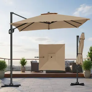 Garvee Upgraded 10x10FT Aluminum Cantilever Patio Umbrella with Iron Frame - Heavy Duty Windproof Offset Square Sunshade, 360° Rotation, Adjustable Tilt, Polyester Fabric, Outdoor Umbrella with Cross Base for Garden, Deck, Pool, Backyard (No Canopy)