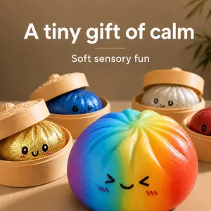 Glitter Dumpling Squishy Toy, Soft TPR Slow Rise Fidget Squeeze Ball with Bamboo Steamer for ASMR Unboxing Gift Rainbow Stress