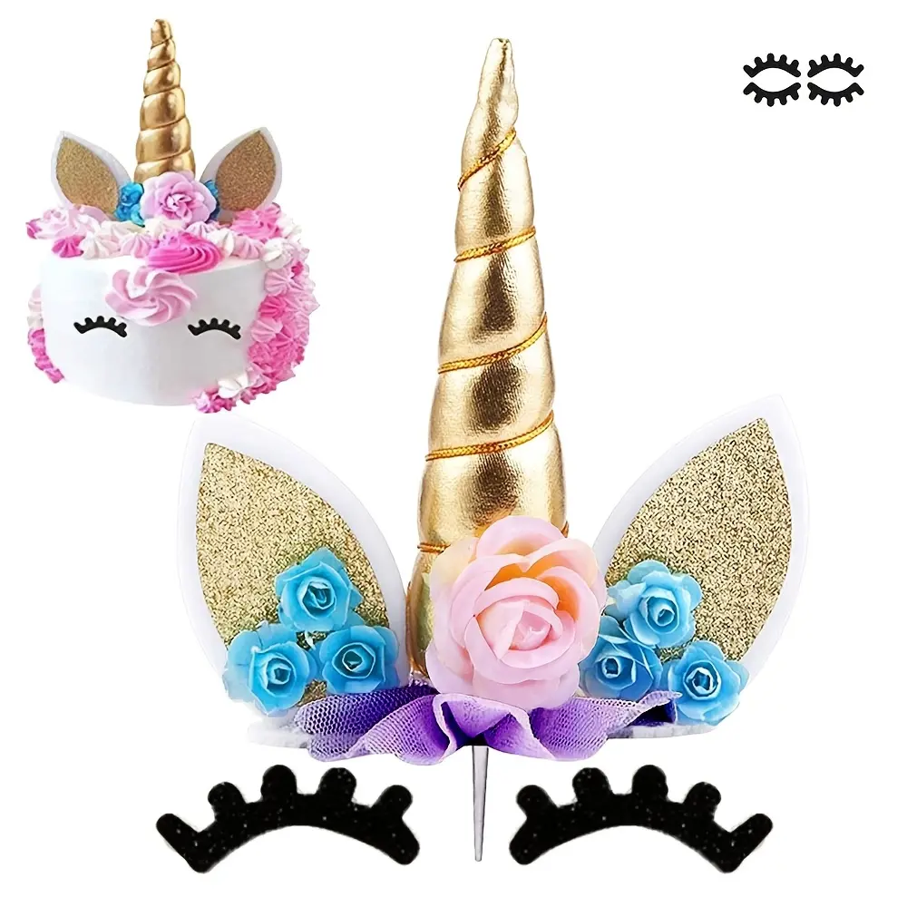 3pcs/set Unicorn Cake Topper with Eyelashes, Birthday Party Supplies Unicorn Cake Decoration Golden Unicorn Horn Cake Topper Unicorn Birthday Decorations for Birthday Cake Topper with Base for Halloween,Christmas Event & Party Supplies for Christmas