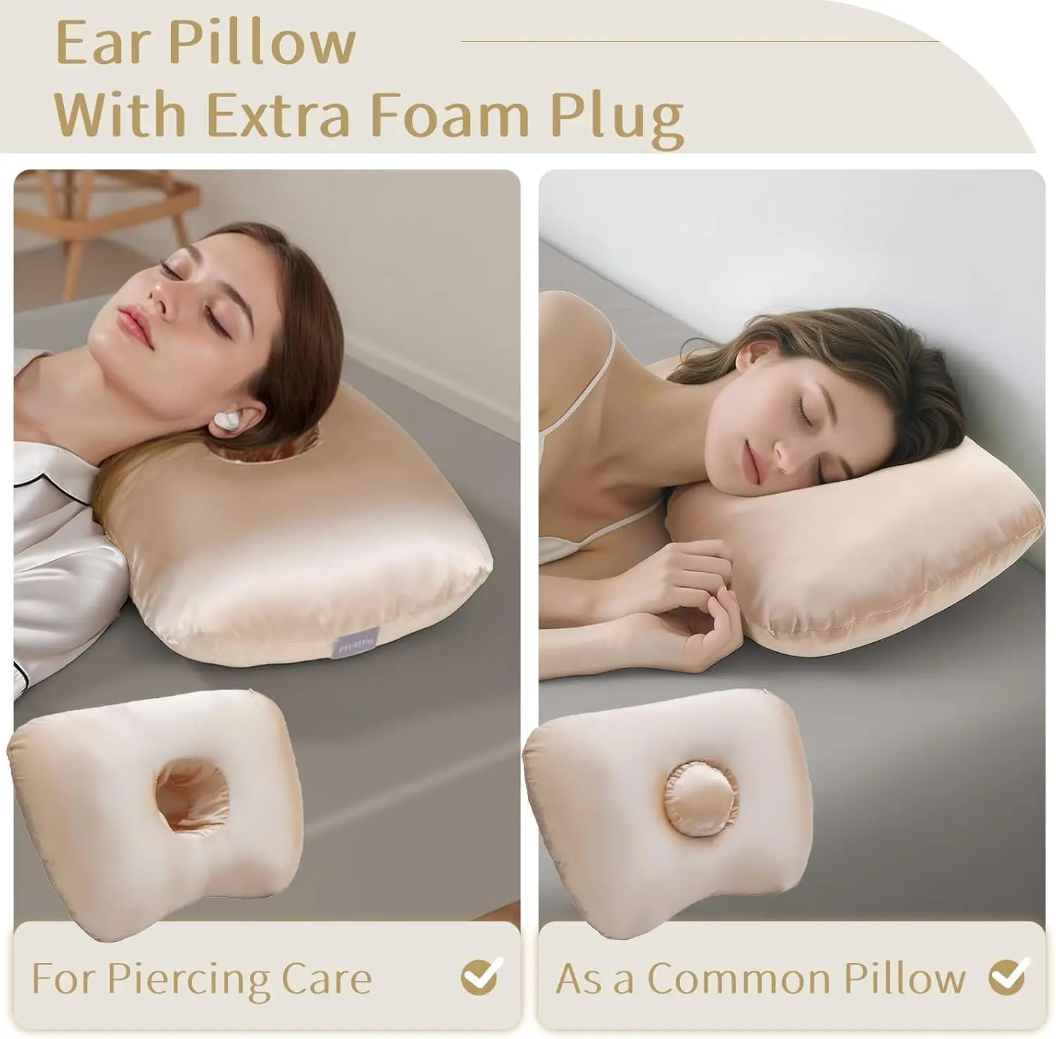 Piercing Pillow - Ear Piercing Pillow With Foam Plug, Adjust Shredded Picrcing Pillow For Side Sleepers, Donut Piliow For Ear With 4.5x4.5''Hole, Ergonomic Curved, Champagne| Ear Piercing Pillow For Side Sleepers, Donut Piliow For Ear With 4.5x4.5''Hole,