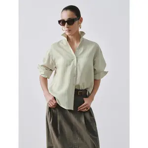 URBAN REVIVO 2026 Spring Women's Linen-Viscose Polyester Fabric Blouse - V-Neck, Striped Patchwork, Button-Up Sleeves, Casual Sporty Shirts & Clothes Top UWM260061