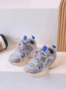 Comfortable Simple Silver Color Thick Sole Sports Shoes for Small Children, Fashion Running Shoes for Big Kids Girls, All Seasons