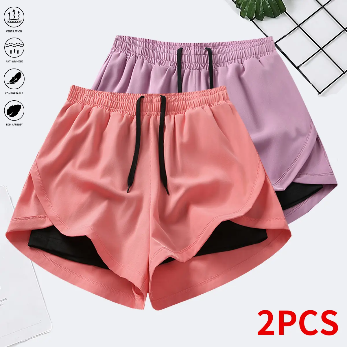 Women’s 2-piece athletic shorts set: casual shorts/fitness shorts/running shorts with a faux two-piece design; gym training shorts designed to prevent exposure; elastic waistband with drawstring; available in multiple colors.