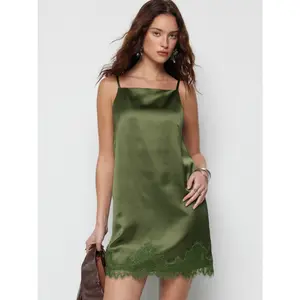 Cider Satin Boat Neck Lace Trim Straight Mini Dress