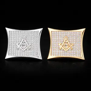 Iced Square Masonic Freemasonry Stud Earring Gold Color Cubic Zircon Earrings For Men Hip Hop Jewelry For Gift 15mm