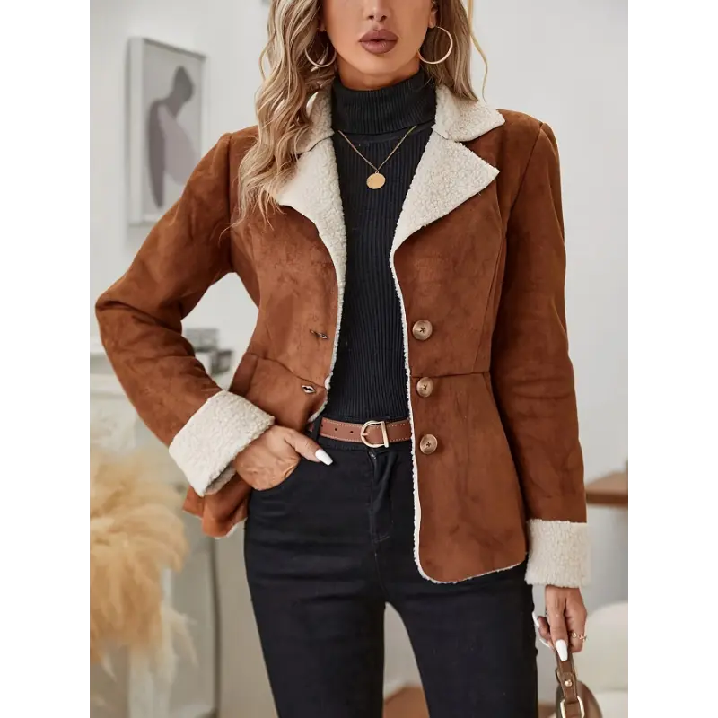 Women's Casual Teddy Jacket, Solid Faux Fur Thermal Coat with Longsleeves, a Lapel Collar, and Button-Front Closure for Fall & Winter, Full Sleeves, Dry Clean, Long Jacket