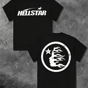 100%25 Cotton Hell Star Pattern Double Sided Printed T-Shirt, High Quality Crew Neck Casual Short Sleeve Top for Spring & Summer