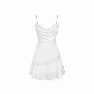 Cider Satin Cowl Neck Lace Ruched Ruffle Hem Mini Dress