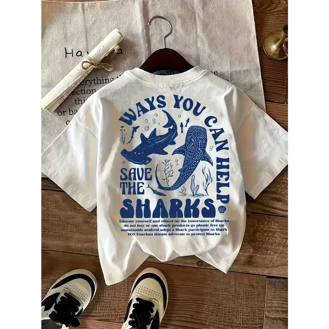 Women's Casual And Comfortable Short-Sleeve T-Shirt with a Round Neck Featuring a Letter Shark Print