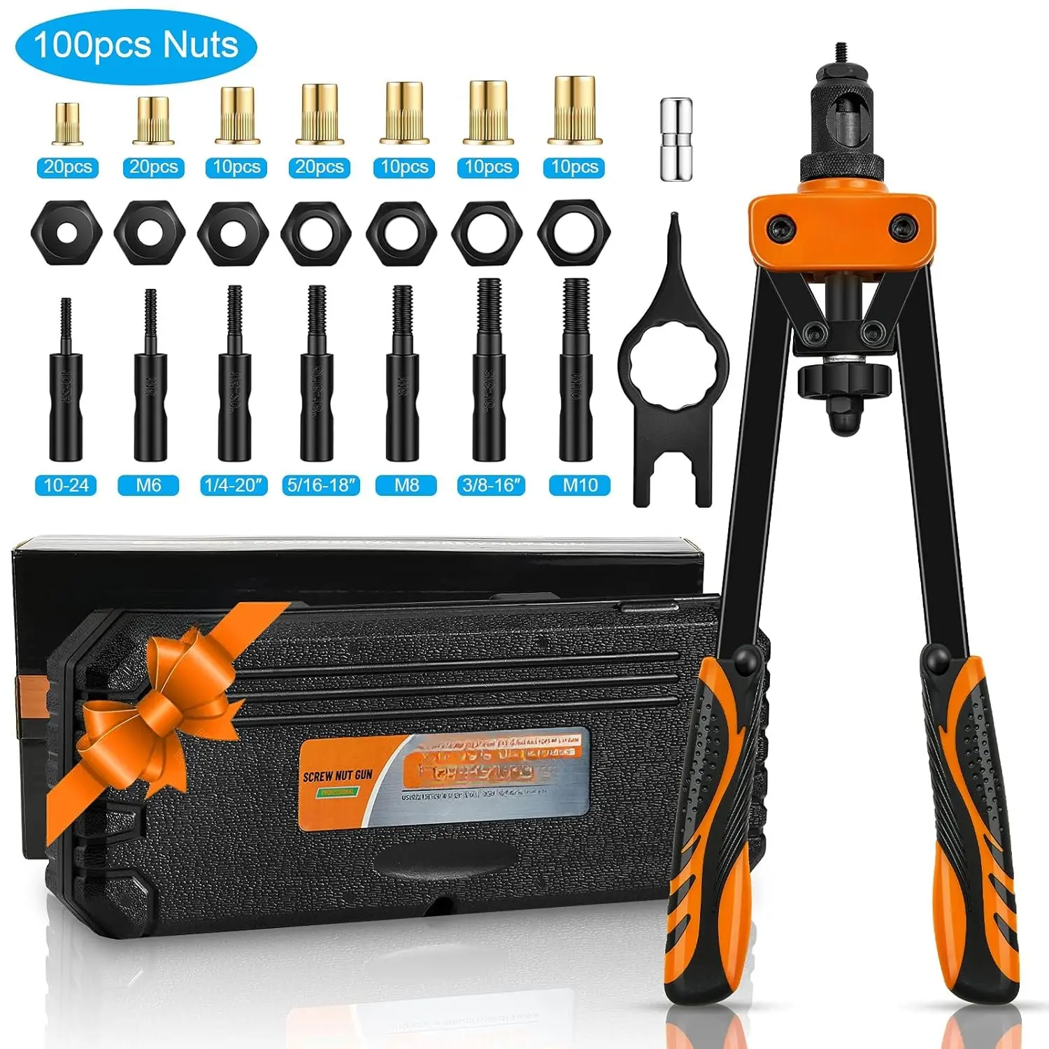 Rivet Nuts Tool, 14" Hand Rivet Tool Kits with 100 count Rivet Nuts and 7 Metric & Inch Mandrels M6 M8 M10, 1/4-20, 5/16-18, 3/8-16, 10-24 and Rugged Carrying Case