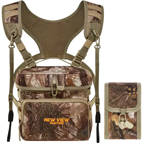 NEW VIEW Adults' Customizable Bino Harness Chest Pouch - Unisex Large Hunting Shoulder Bag for Hunt Gear Accessories, Detachable Rangefinder Pouch, Breathable Straps, 1-Hand Access, Weatherproof Rain Cover, 4 External Pockets, Low Noise Magnetic Flap
