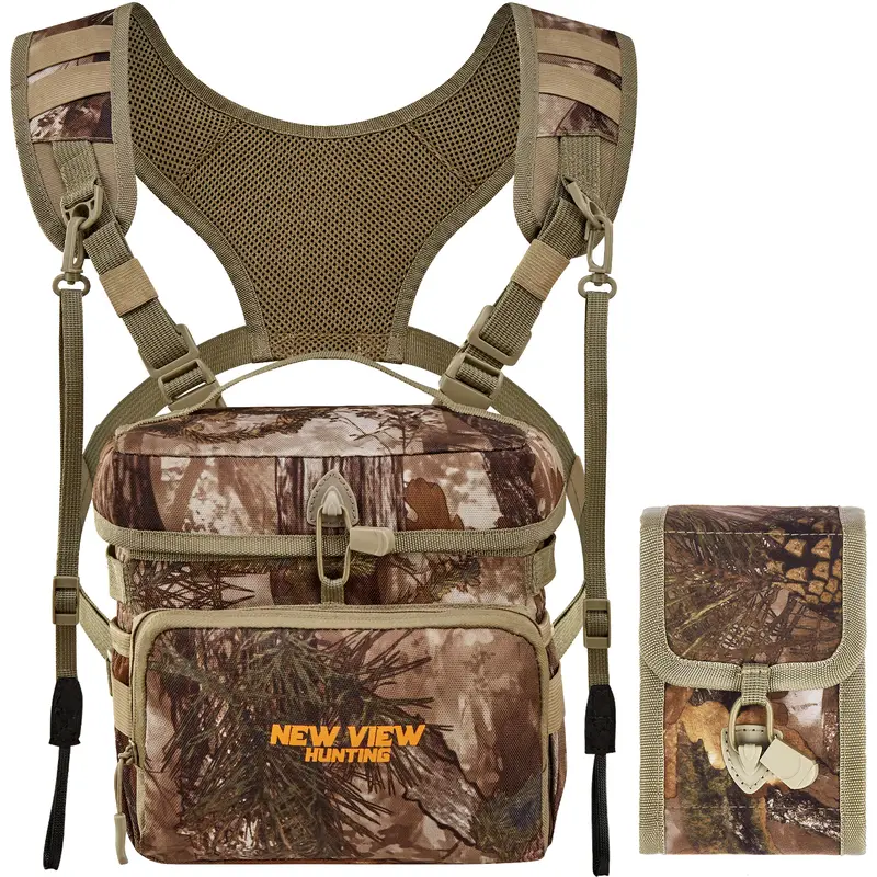 NEW VIEW Adults' Customizable Bino Harness Chest Pouch - Unisex Large Hunting Shoulder Bag for Hunt Gear Accessories, Detachable Rangefinder Pouch, Breathable Straps, 1-Hand Access, Weatherproof Rain Cover, 4 External Pockets, Low Noise Magnetic Flap