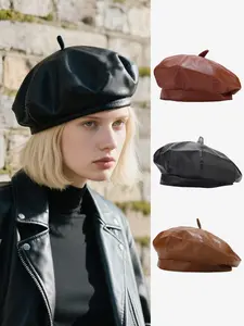 1PC classic round-top stylish PU leather beret, with soft stitched patch on the hat, available in various colors. Perfect for women to wear when going out for shopping.