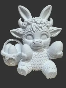 Highland Cow Easter Figurine 3D-Printed with Bunny Ears and Easter Eggs 5 Inches Tall Perfect for Spring Decor and Kids' Crafts