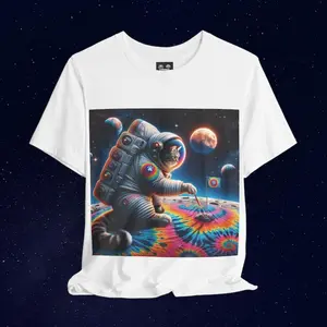 Men's space exploration with a whimsical cat astronaut Graphic T-Shirt - Short Sleeve Crew Neck Regular Fit Casual Wear | Soft & Breathable Fabric, Durable Print, Everyday Comfort, Machine Washable, psychedelic, sci-fi, fantasy a cat in an astronaut suit