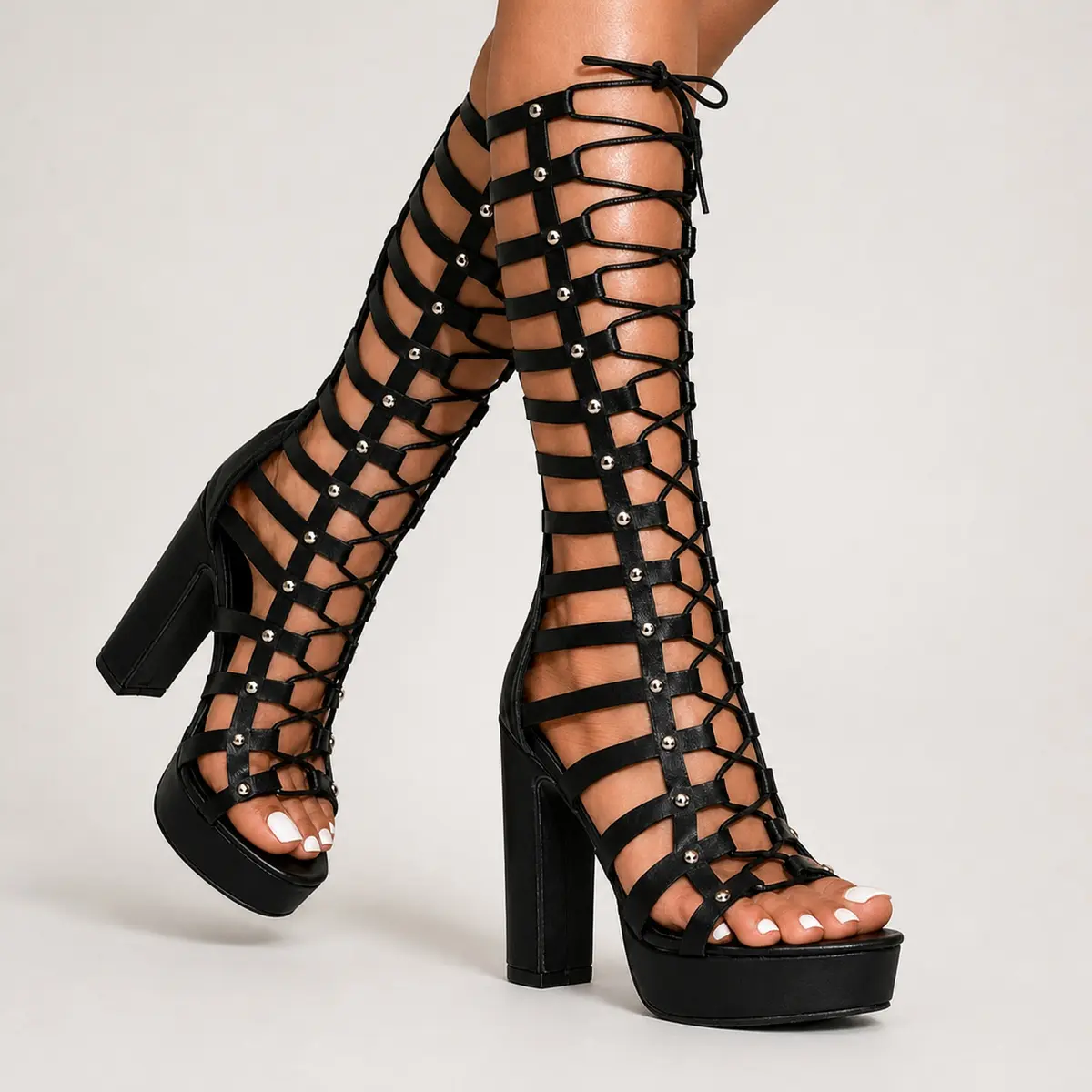 Women's Black Knee-High Gladiator Sandals, Studded Lace-Up Caged Open-Toe Platform Chunky Block High Heels for Party, Club, Festival and Night Out fashion classy dress pump style versatile