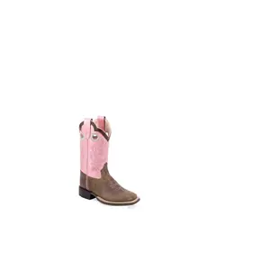 Old West Youth Girls Broad Square Toe Pink/Brown Leather Cowboy Boots