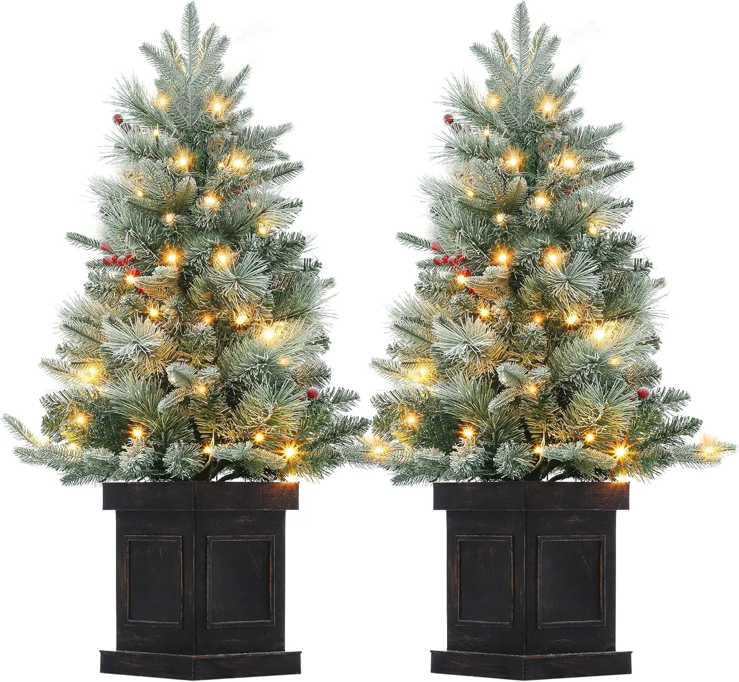 Garvee 3ft Christmas Tree 2 Set, Pre-Lit Artificial Christmas Tree with Vintage Potted Base, Flocked Snow 70 Warm White LED Lights Red Berries, Festival Decoration Xmas Holiday Decor for Home, Entrances
