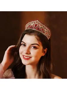 European and American wedding jewelry, luxurious and elaborate red crystal bridal crown headdress, ethnic style wedding full-drill gem crown