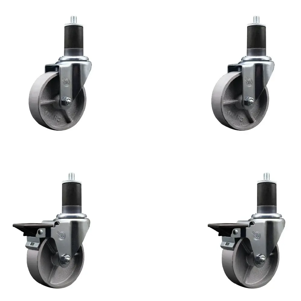 212 MAIN Service Caster SCC-EX20S414-SSS-2-PLB-2-158 Semi Steel Cast Iron Swivel Expanding Stem Caster with 4 in. Silver Lockable Wheels, 1.63 in. Stems - Set of 4