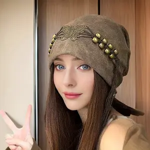 Sweet and cool style cap with tassel beads, retro hat for women, fashionable and trendy, pile hat, face-slimming, spring and autumn wear, suitable for travel and dating