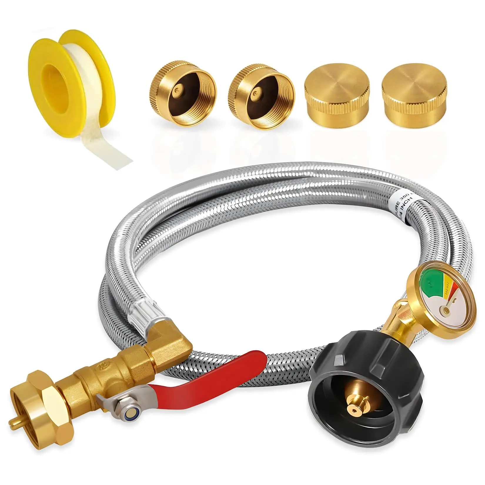 5FT Stainless Steel Braided Propane Refill Adapter Hose, Universal Extension Line with ON/Off Valve for 1LB Tank, Fits 20LB Propane Cylinders, for Camping Grills & Stoves