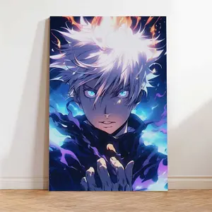 Jujutsu Kaisen Satoru Gojo Neon Aesthetic Canvas Poster - Blue Flame & Glowing Eyes Anime Wall Art, Cool JJK Character Print, Vibrant Decor for Bedroom, Living Room & Otaku Room, Perfect Gift for Jujutsu Kaisen Fans & Anime Lovers