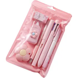 7 Pcs Cute Pink Stationery Set Kawaii School Supplies Office Supplies Including Ballpoint Pens Pencil Sharpener Highlighter Correction Tape Ruler Utility Knife (Pink)