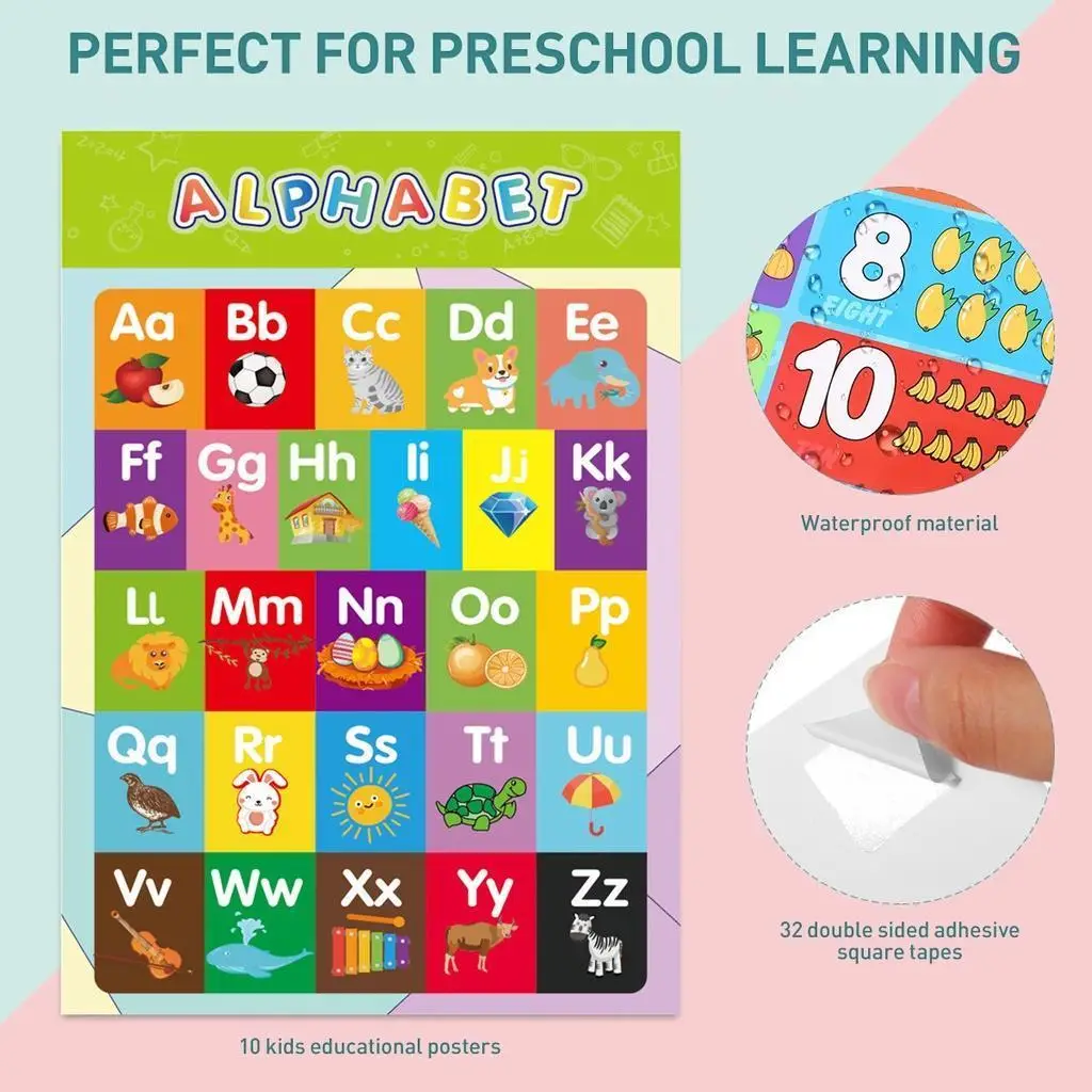 10PCS Educational Preschool Posters for Kids - Alphabet Numbers Shapes Farm Animals Weather Time Opposites Months Early Childhood Learning Materials V