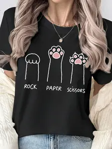 Women's Cute Animal Cat Paw Print Round Neck Graphic Tee, Vintage Trendy Casual Streetwear Short Sleeve Fitted T-shirt for Daily Wear, Ladies Summer Outfit Top