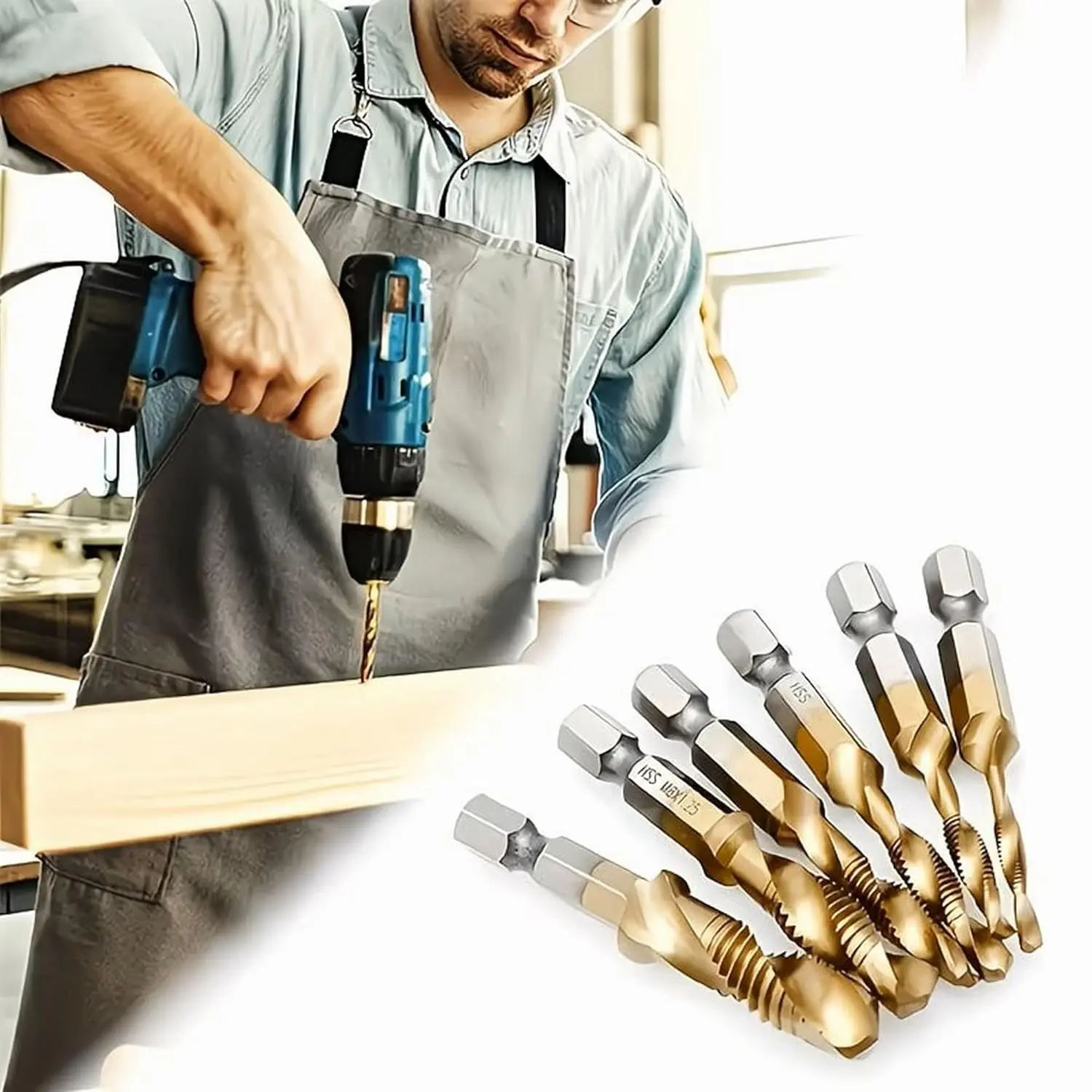 Titanium-Coated Heavy-Duty Thread Drill Tap Bit Set with Hex Shank, M3-M10 Standard Sizes (M4, M5, M6, M8 Included), Sharp Cutting Edge, Universal Electric Drill Hardware Accessory for Industrial Metal Drilling