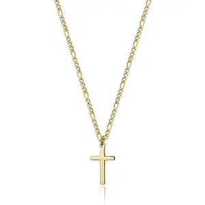 14K Gold Filled Cross Necklace for Men Figaro Chain Stainless Steel Plain Polished Cross Pendant Necklace Simple Faith Jewelry Gift for Women