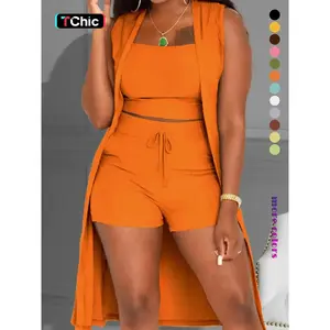 Three-Piece Set Women's Solid Ribbed Co-ord Set, Casual Crop Tank Top & Drawstring Waist Shorts & Vest Coat Set for Daily Wear, Summer Clothes, Women's Clothing