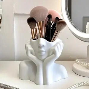 Cute Face Makeup Brush Storage Box, Makeup Tool Organizer, Minimalist Reclining Design, Desktop Art Device, Practical and Aesthetic, High-End Atmosphere