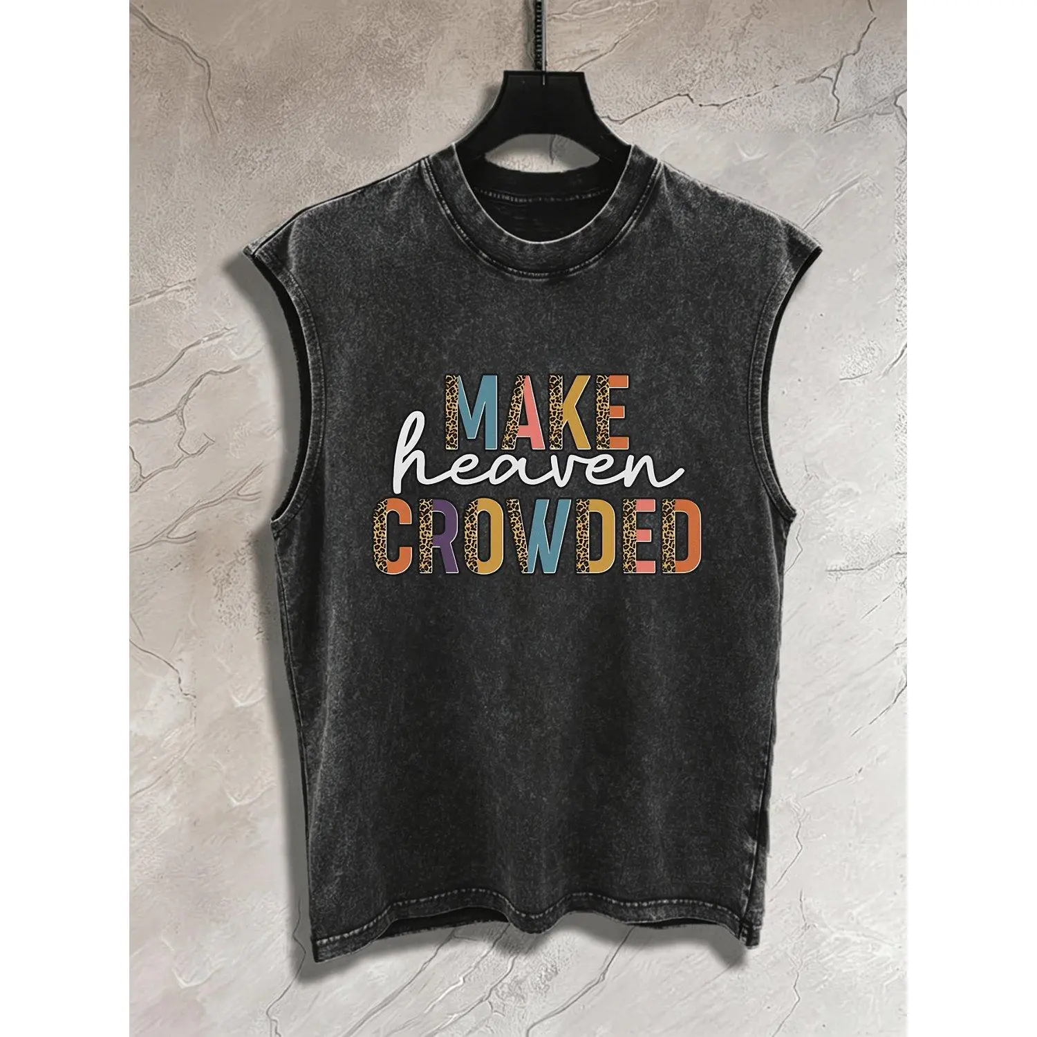 Make Heaven Crowded Leopard Fill Multicolor Cursive Text Print Sleeveless Washed Vest Faith Trend Daily Sleeveless Top