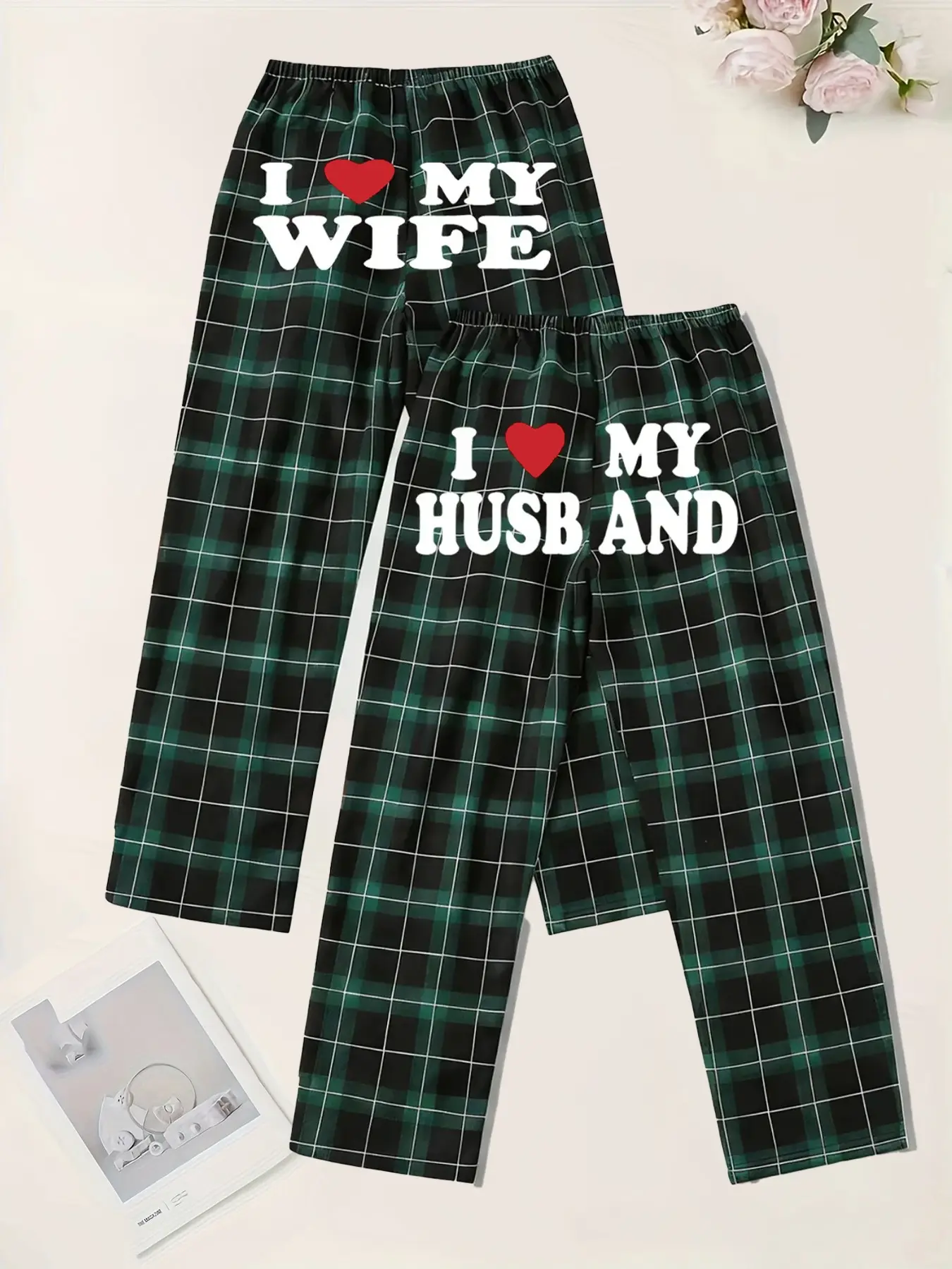 Couple Plaid Heart Home Pants, Loungewear, Vintage Plaid, Sweet Slogan Print, Casual Loose Fit, All Seasons