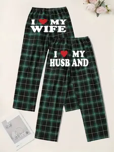 Couple Plaid Heart Home Pants, Loungewear, Vintage Plaid, Sweet Slogan Print, Casual Loose Fit, All Seasons