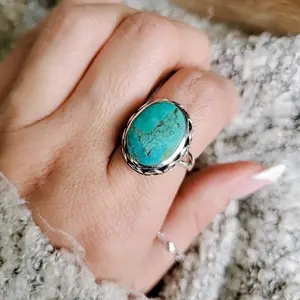 Sterling Silver Natural Turquoise Statement Ring, Large Ring for Women, Bohemian Ring Bali Style Handcrafted Handmade