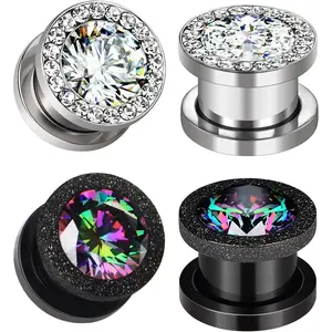2 Pairs CZ Gems Ear Gauges Plugs Womens Zircon Flesh Tunnels Stainless Steel Stretcher Kits Expander Piercing Jewelry