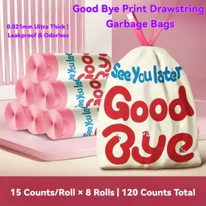 Good Bye Print Drawstring Garbage Bags, 45×50cm 17.7×19.7inch, 60/120 Counts, 0.021mm Double Extra Thick HDPE Trash Bags, Leakproof Heavy Duty Bin Liners Fit 6-10 Gallon for Home Bathroom